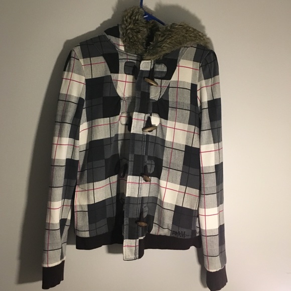 ROXY plaid jacket with faux fur hood - Picture 1 of 7